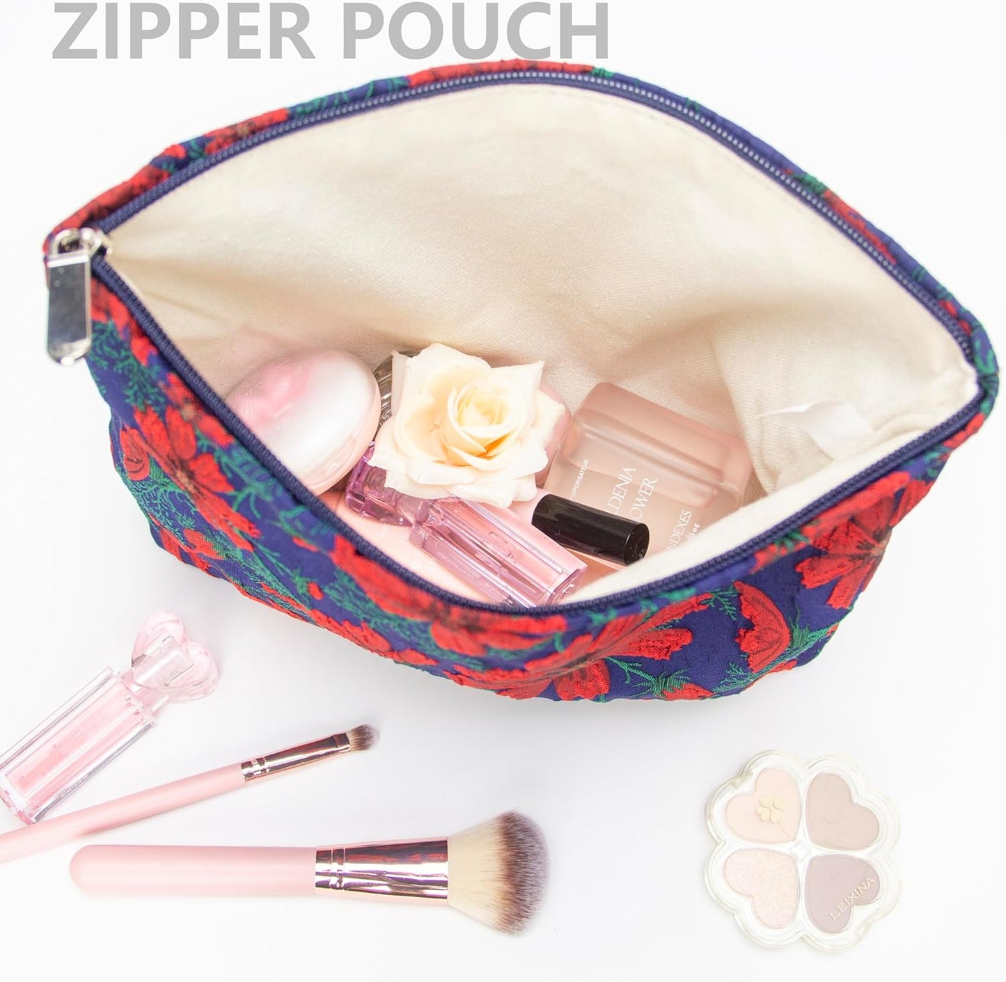 PAZIMIIK Makeup Bag Large Cotton Zipper Pouch for Purse Travel Canvas Make Up Organizer for Women Cosmetic,Brocade Navy Blue