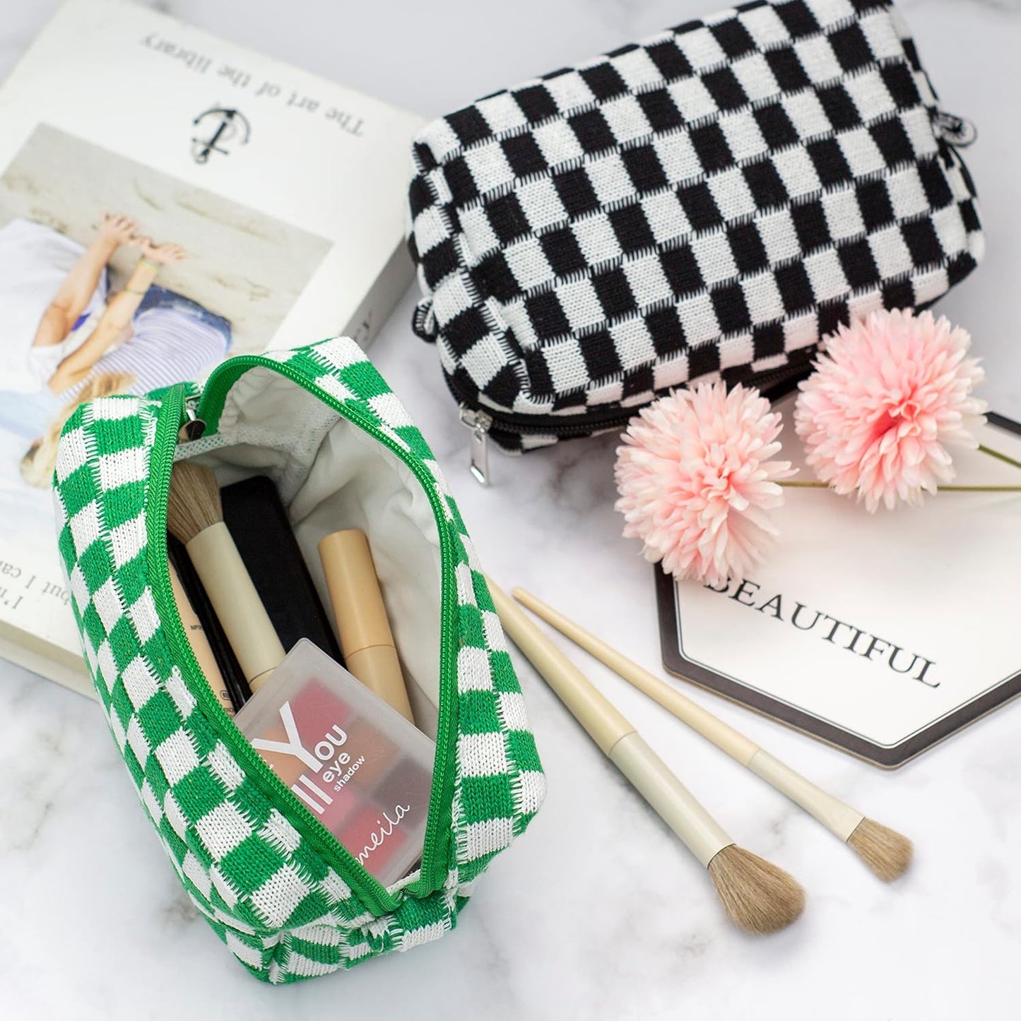 PAZIMIIK Checkered Makeup Bag for Purse Portable Zipper Make Up Pouch Small Cosmetic Case for Travel Accessories (6PCS Green)