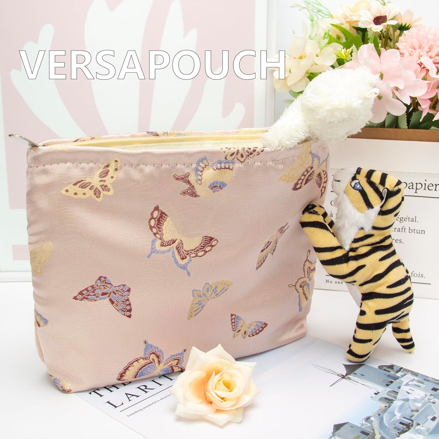 Makeup Bag Large Cotton Zipper Pouch for Purse Travel Canvas Make Up Organizer for Women Cosmetic,Butterfly Pink