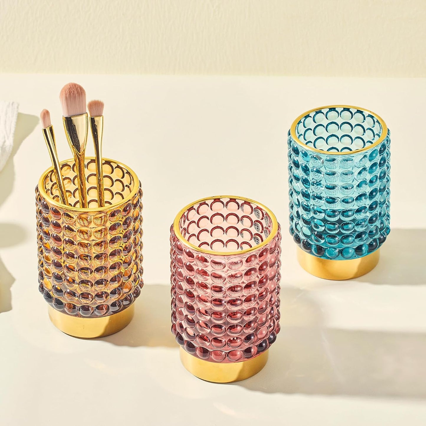 Makeup Brush Holder Organizer,Toothbrush Holders,Desk Pen Pencil Holder,Multifunctional Vintage Glass Brush Cup(A38-9-US/Brown/L)