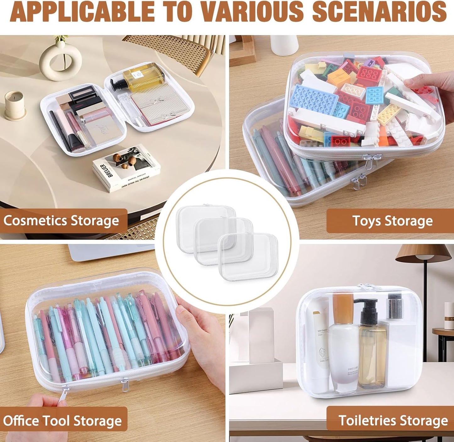 Clear Hard Shell Zipper Case 3 PCS Clear Cosmetic Make up Bag Waterproof Travel Toiletry Bag for Women, Hard Plastic Zipper Pouches Portable Travel Storage Organizer Bins (White, 14"x12"x2")