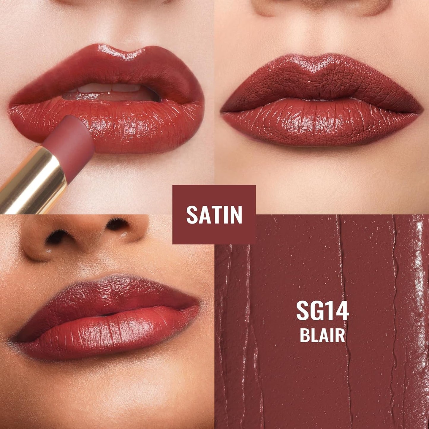 Oulac Color Rich Satin Lipstick - Red Brown Full Coverage Lip Color, Creamy Silky-Smooth, Moisturizing, Satin Matte Finish, Infused With Shea Butter, Vegan & Clean Beauty, 4g, SG14 Blair