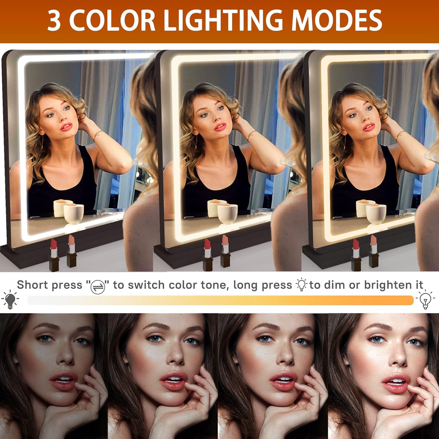 Hasipu Vanity Mirror with Lights, 31.5" x 22" LED Makeup Mirror, Lighted Makeup Mirror with Dimmable 3 Modes, Touch Screen Control Vanity Mirror Round Black