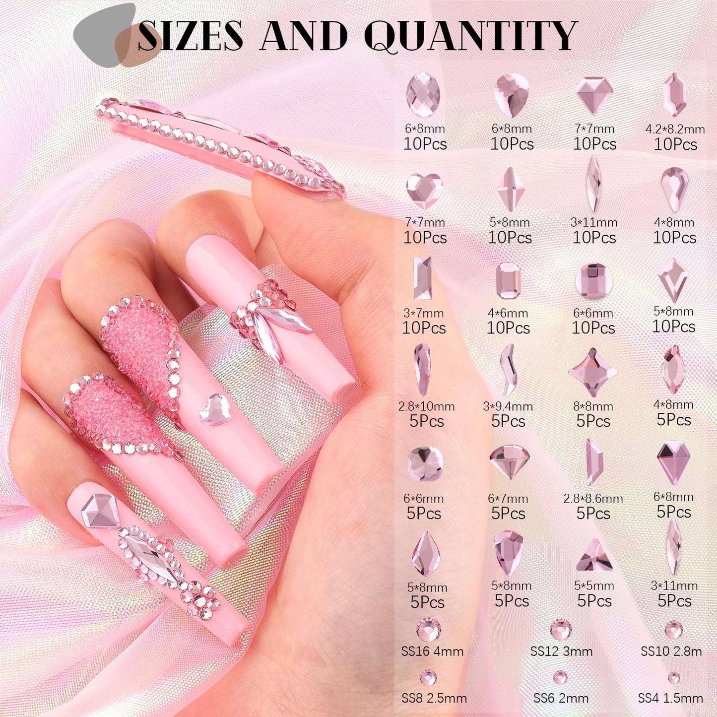 1680Pcs Pink Glass Nail Rhinestones 180Pcs Multi Shapes Flatback Nail Gems + 1500Pcs 1.5-4mm Round Crystal with Rhinestones Glue Gel, Manicure Nail Charms Diamond Gemstones for Nail Art