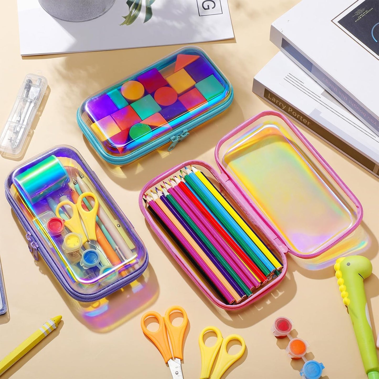 Hoolerry 3 Pcs Clear Hard Zipper Case Plastic Pouch Transparent Hard Case Clear Makeup Bag Portable Travel Organizer Bin for Cosmetics, Building Blocks, Puzzles(Laser,S)