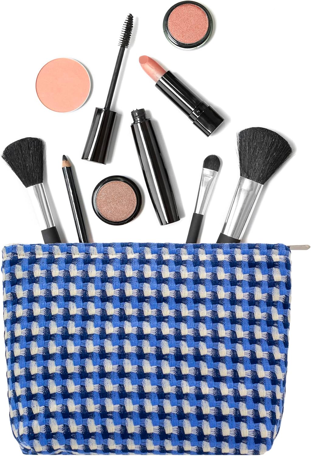 Makeup Bags for Purse Zipper Cosmetic Pouch Large Travel Canvas Make Up Organizer Tool Pouch for Women and Girls,Grid Blue