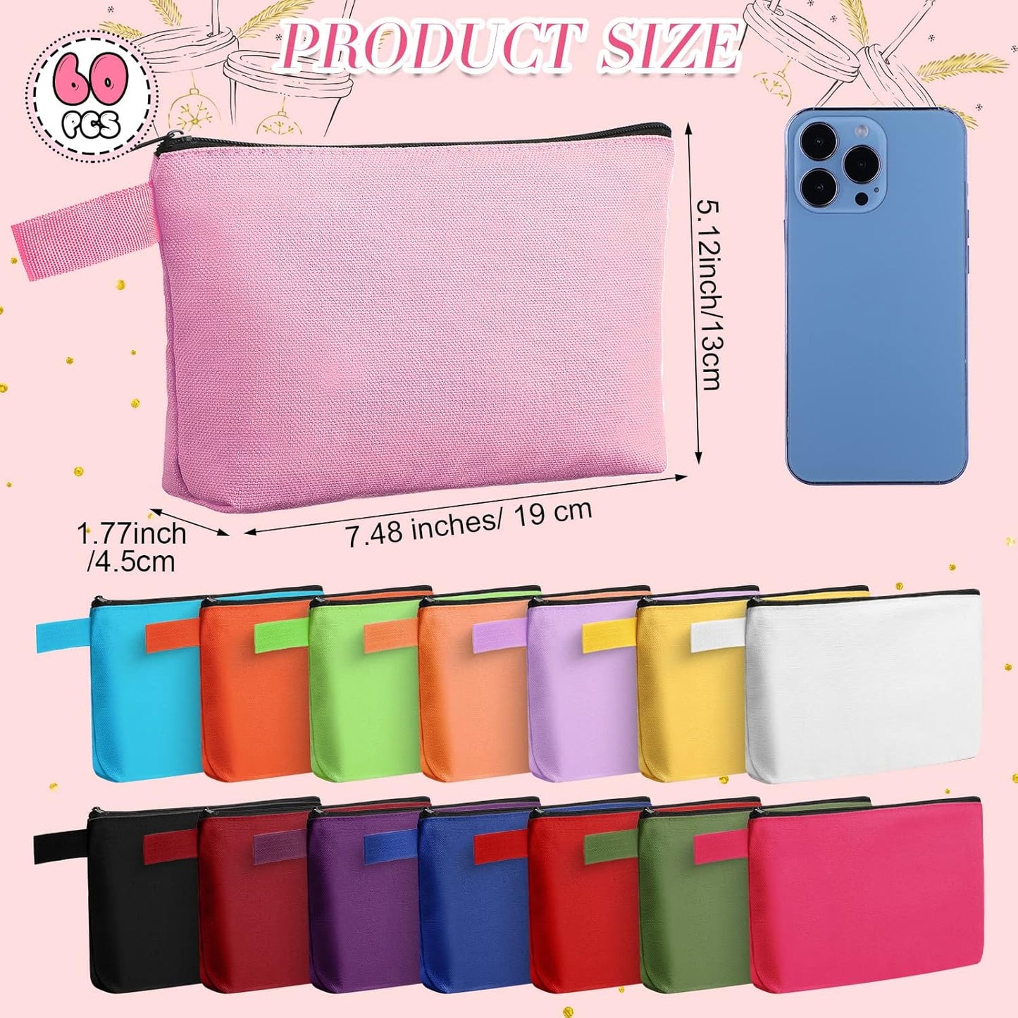 Reginary 60 Pieces Canvas Makeup Bags Bulk Cute Travel Cosmetic Pouch Multipurpose Blank Small Toiletry Bag DIY with Zipper for Women Teens Operation Christmas Gifts Items, 15 Colors(7.5 x 5 x 2 Inch)