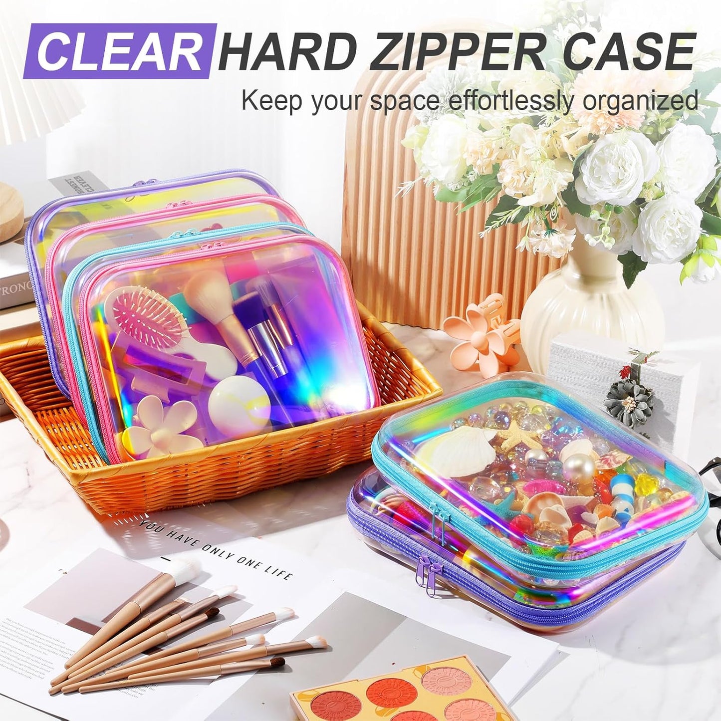 Sanwuta 6 Pcs Clear Hard Zipper Case Pencil Pouches Hard Plastic Zipper Pouches Makeup Bag Transparent Cases for Snacks Plastic Storage Organizer Box for Travel(Holographic,9.84 x 7.87 x 2 Inch)