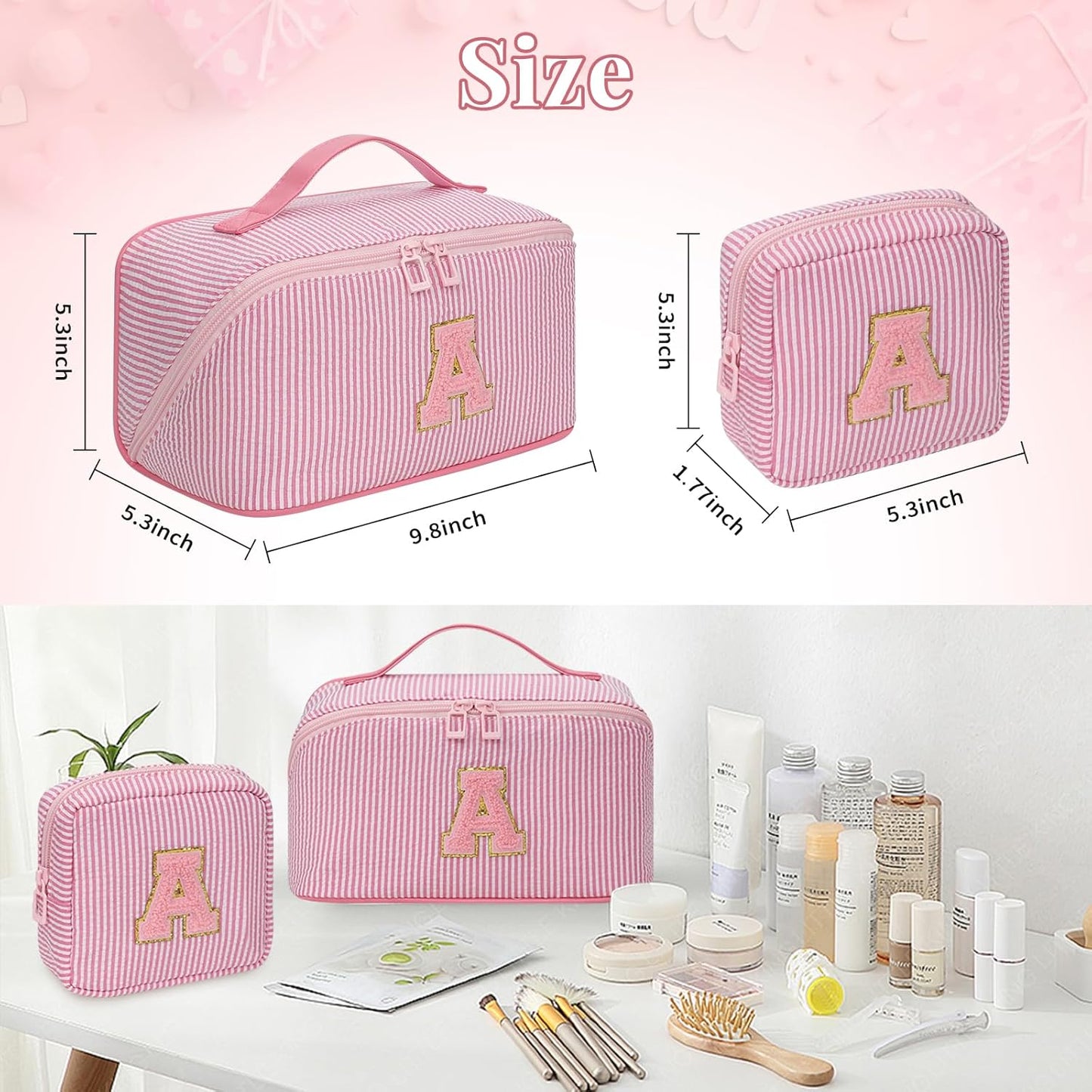 Travel Makeup Bag for Women, 2Pcs Portable Personalized Initial Makeup Organizer Bag, Open Flat Large Cosmetic Bag With Travel Essential Pouch (Pink Letter W)