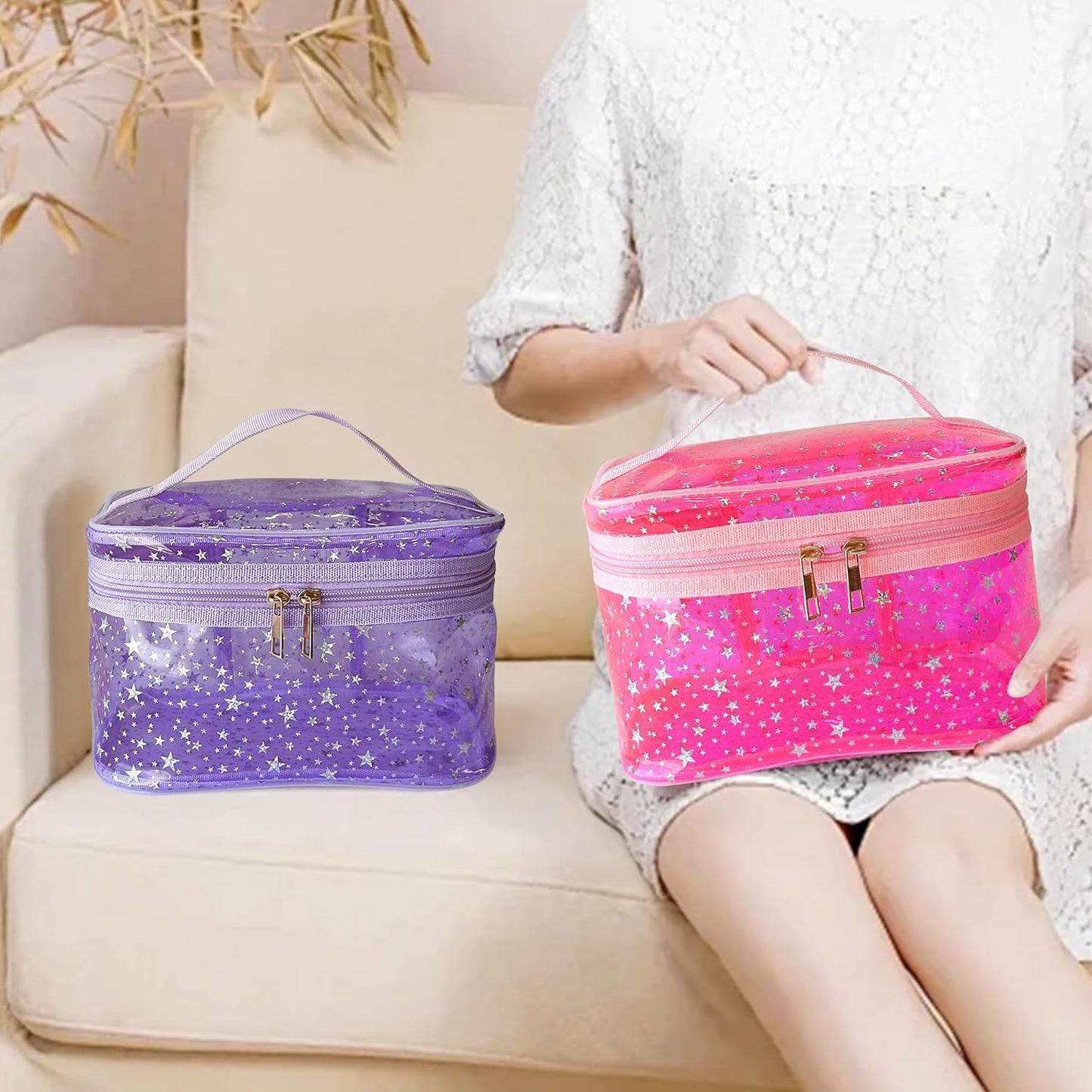 Holographic Makeup Bags Bulk,Clear Storage Bag Toiletry Pocket Portable Zippered Iridescent Pouch Waterproof Cosmetic Gift Bags for Women (Orange-L)