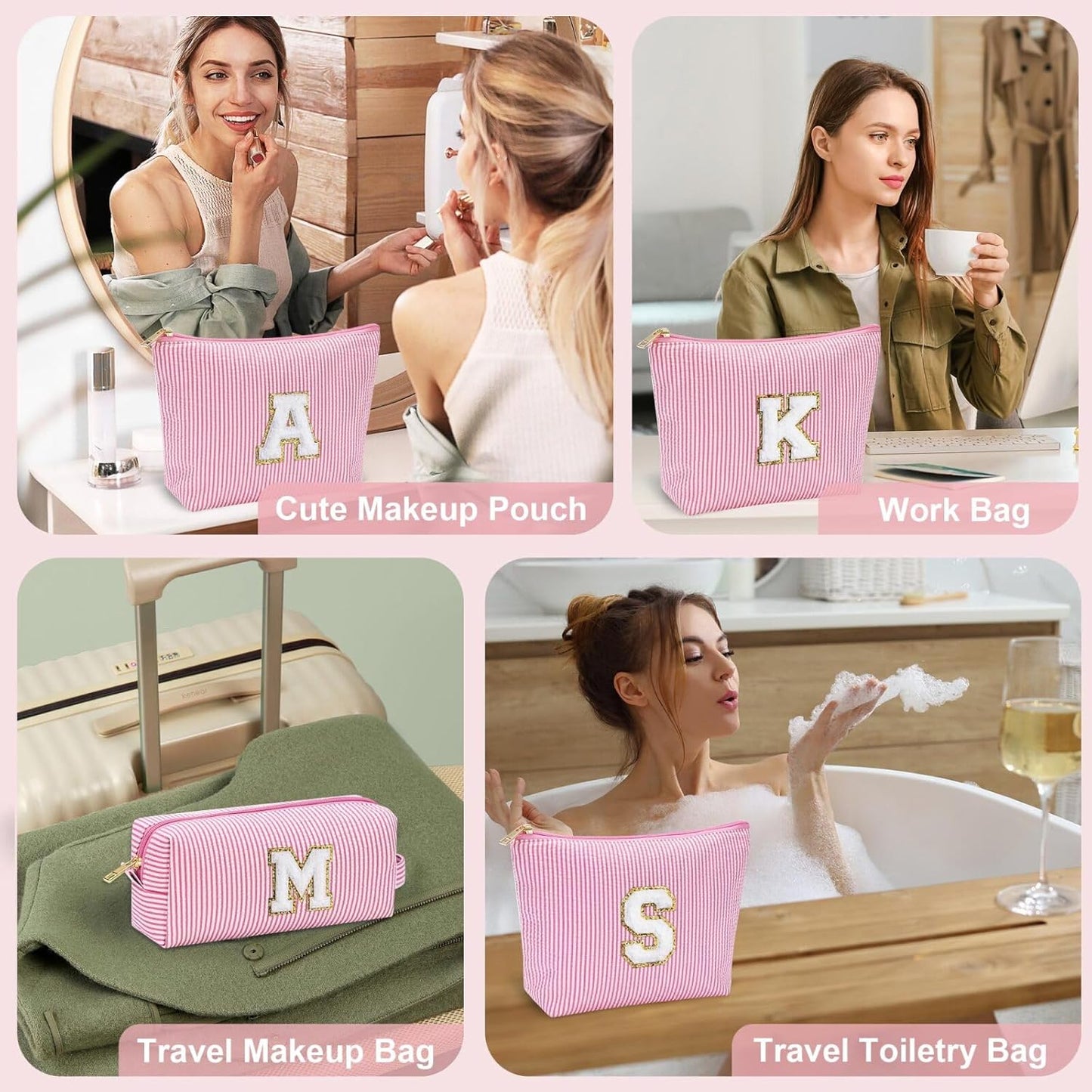 YOOLIFE Mom Birthday Gifts for Women, Personalized Monogram Makeup Bag Cosmetic Bag Travel Toiletry Bag Birthday Gifts for Women Her Bridesmaid Friend Sister Wife Girlfriend Daughter Gifts Pink I