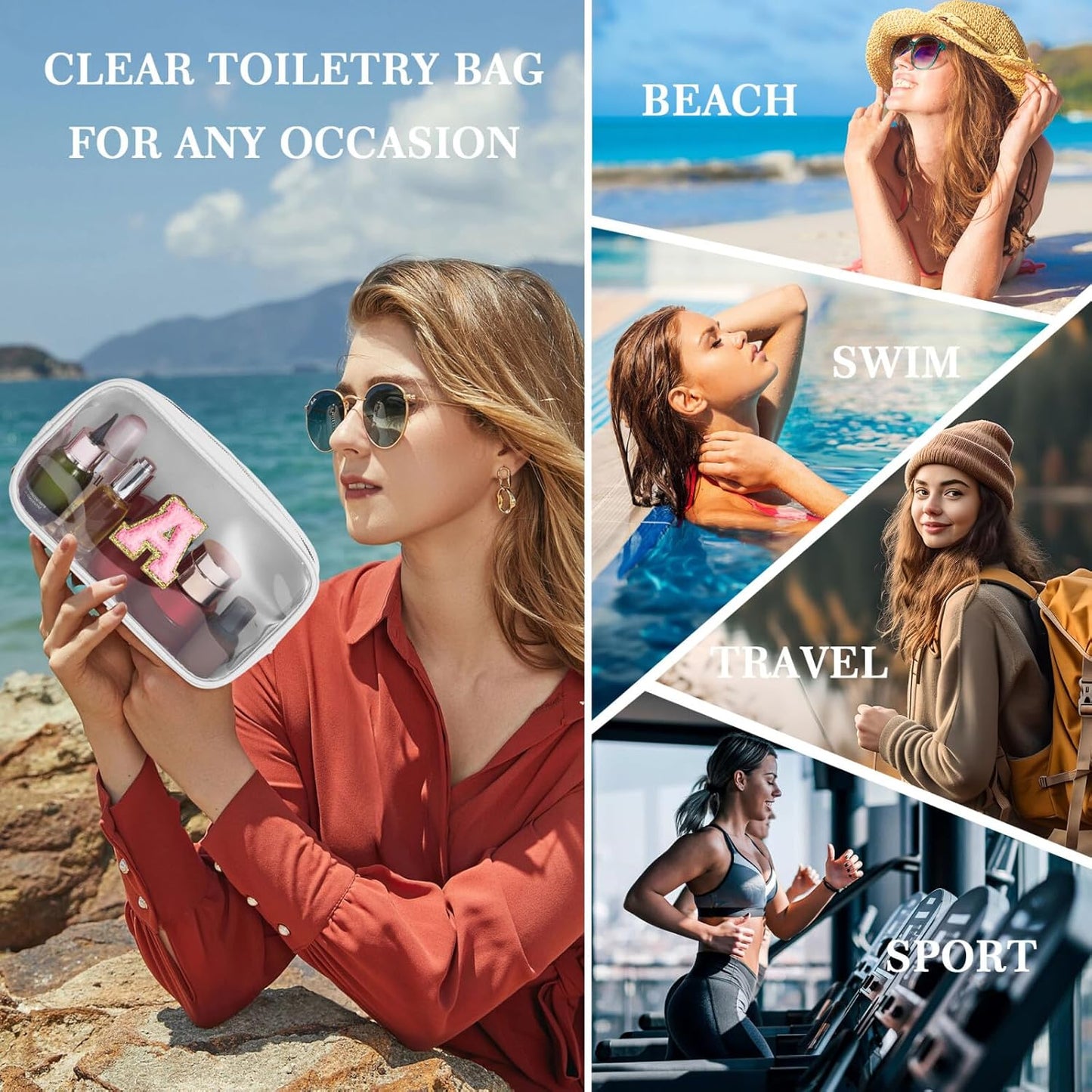 YOOLIFE Initial Make Up Bag Travel Toiletry Bag, Clear Makeup Bag Preppy Cosmetic Bags Organizer Travel Essentials Gifts for Women Teen Girlfriend Teacher Mom Brithday Mothers Day Gifts, Large, White