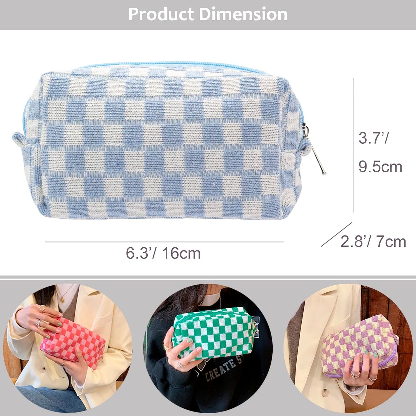 PAZIMIIK Checkered Makeup Bag for Purse Portable Zipper Make Up Pouch Small Cosmetic Case for Travel Accessories (2PCS Blue)