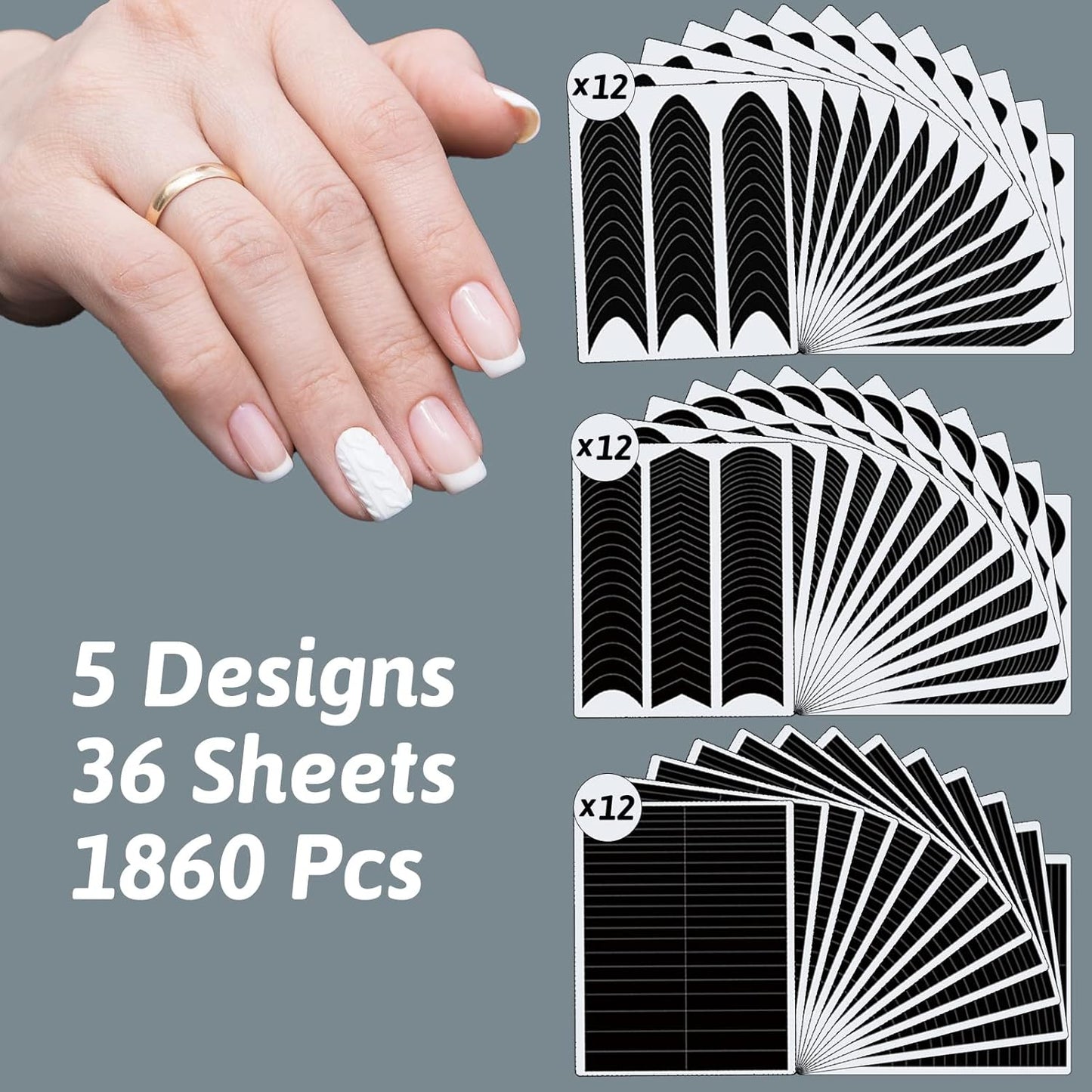 1860 Pcs French Tip Nail Guides, Self-Adhesive French V-Shaped Moon Shaped Manicure Strip Stickers for Edge Auxiliary Black DIY Decoration Stencil Tools(5 Designs, 36 Sheets)