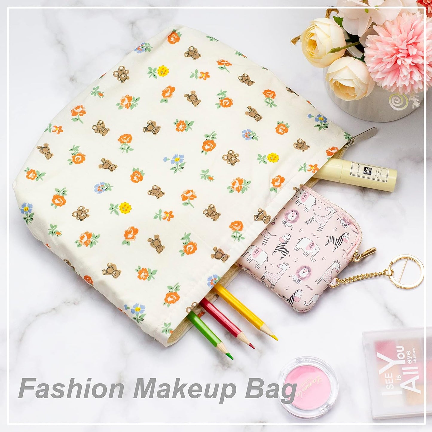 PAZIMIIK Floral Makeup Bag Large Cotton Zipper Pouch for Purse Travel Canvas Make Up Organizer for Women Cosmetic,Flower Bear White