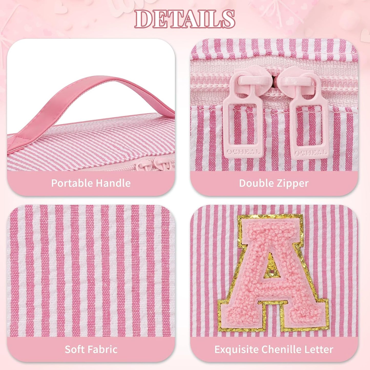 Travel Makeup Bag for Women, 2Pcs Portable Personalized Initial Makeup Organizer Bag, Open Flat Large Cosmetic Bag With Travel Essential Pouch (Pink Letter T)