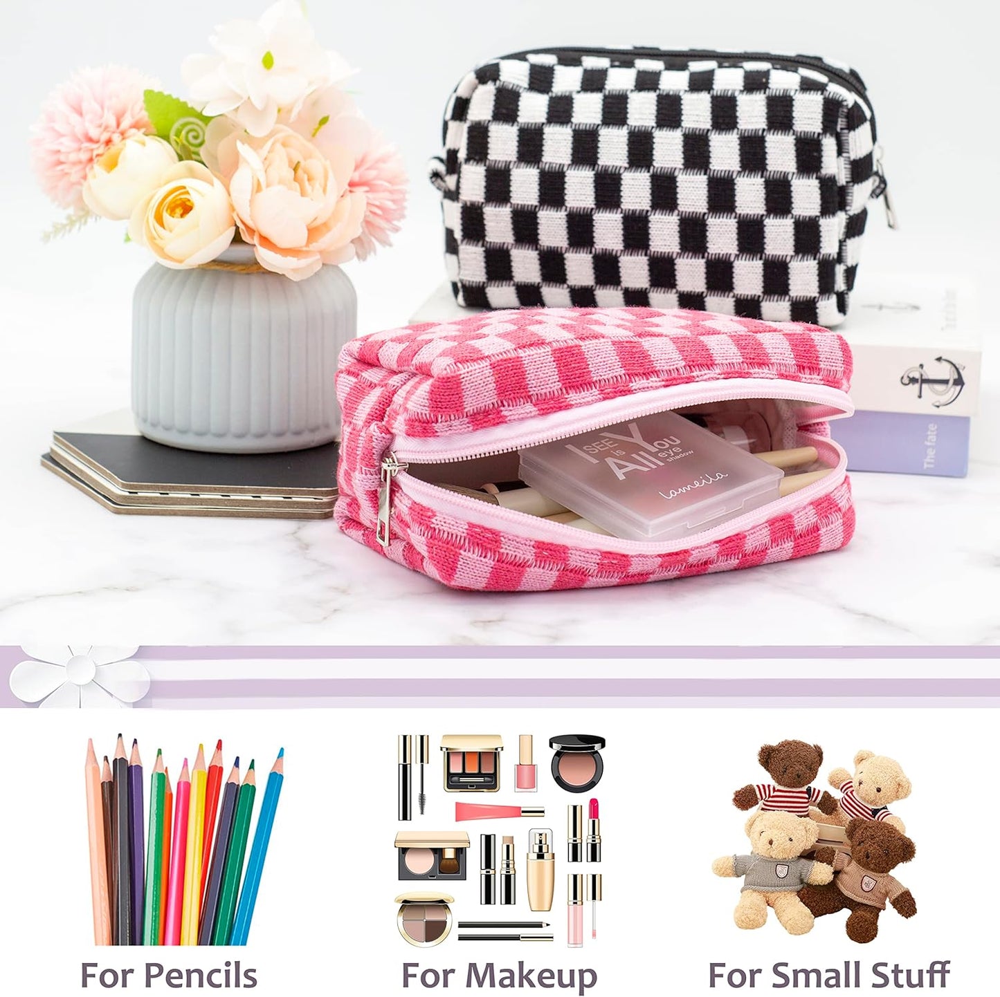 PAZIMIIK Checkered Makeup Bag for Purse Portable Zipper Make Up Pouch Small Cosmetic Case for Travel Accessories (6PCS Hotpink)