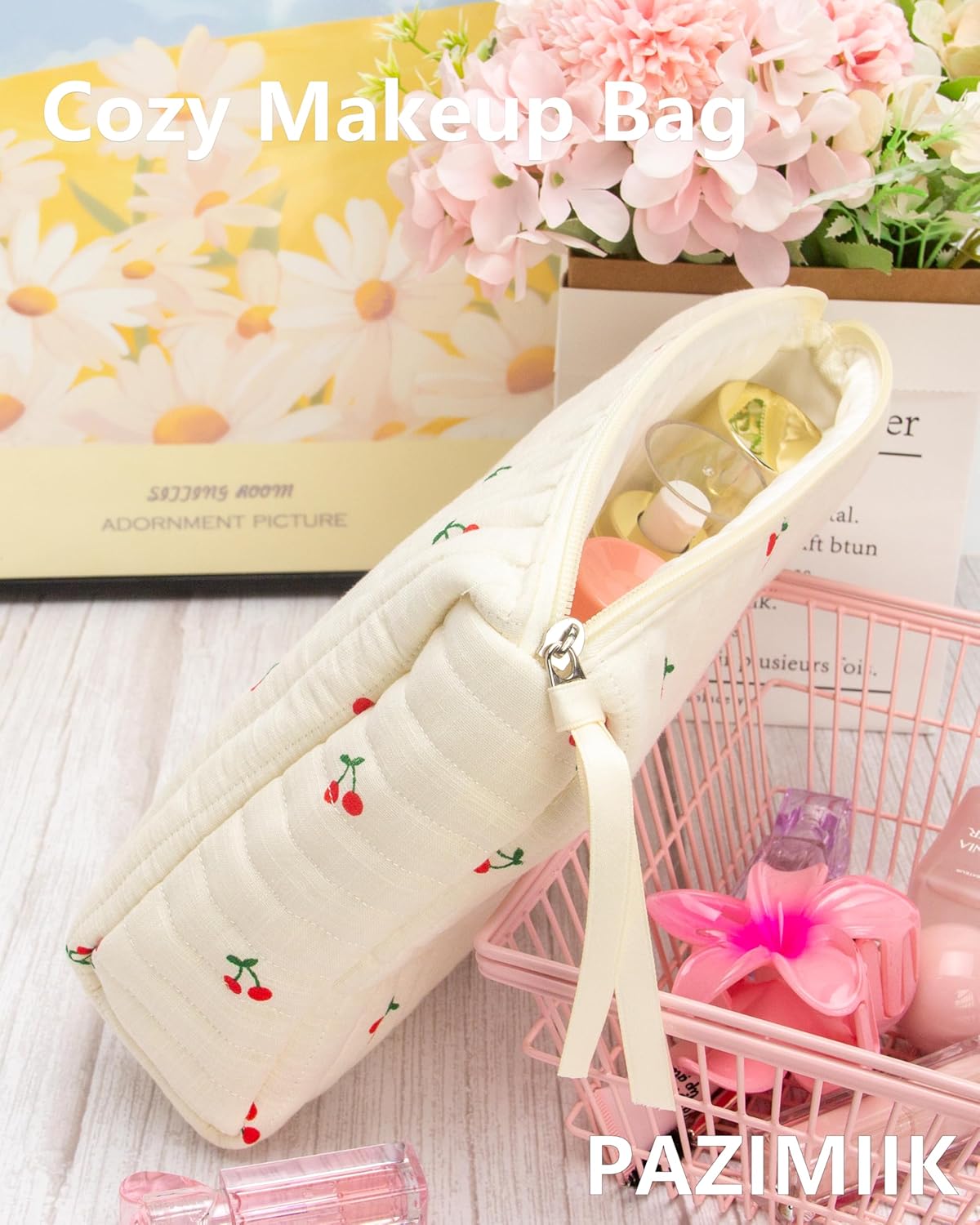 PAZIMIIK Quilted Makeup Bag Large Travel Zipper Soft Cosmetic Pouch for Women Girls Make Up,Cherry Beige