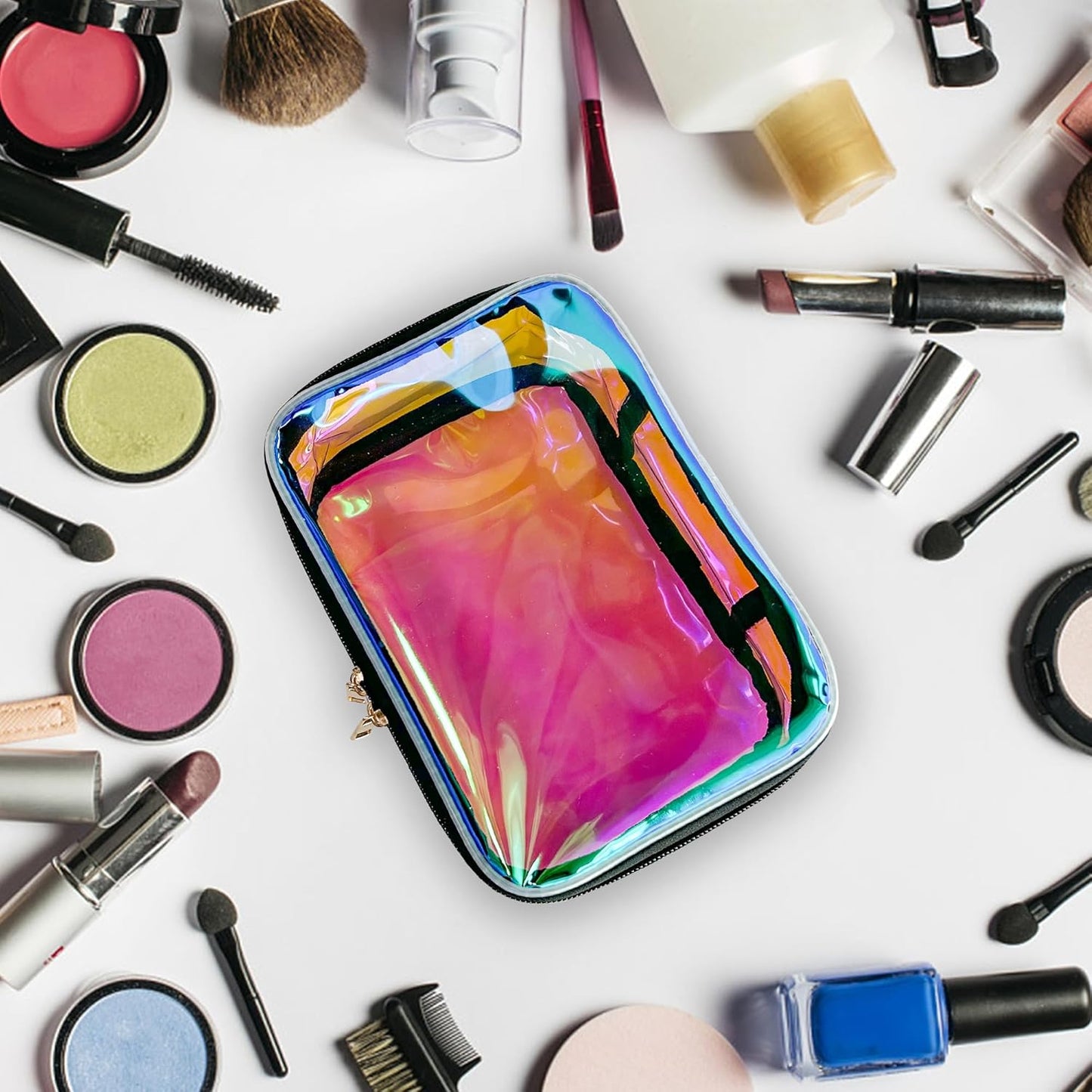 TPU Holographic Pink Makeup Bags Clear Travel Storage Bag Toiletry Pocket Portable Zippered Iridescent Pouch Waterproof Cosmetic Gift Bags for Women