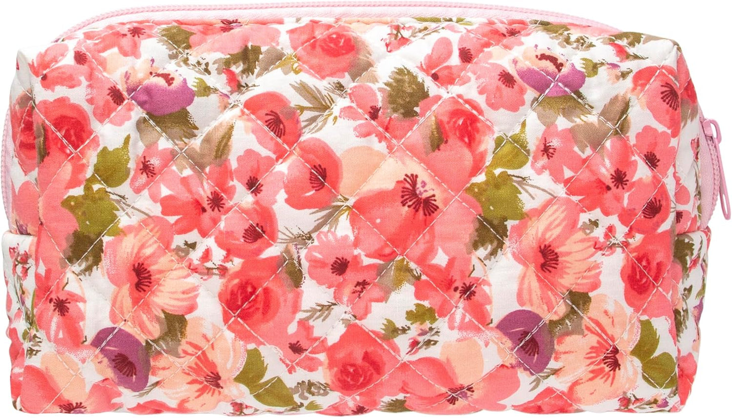 PAZIMIIK Vintage Quilted Makeup Bag Cosmetic Pouch for Brushes Pencils and Travel Make Up Accessories for Women and Girls,Flower Pink