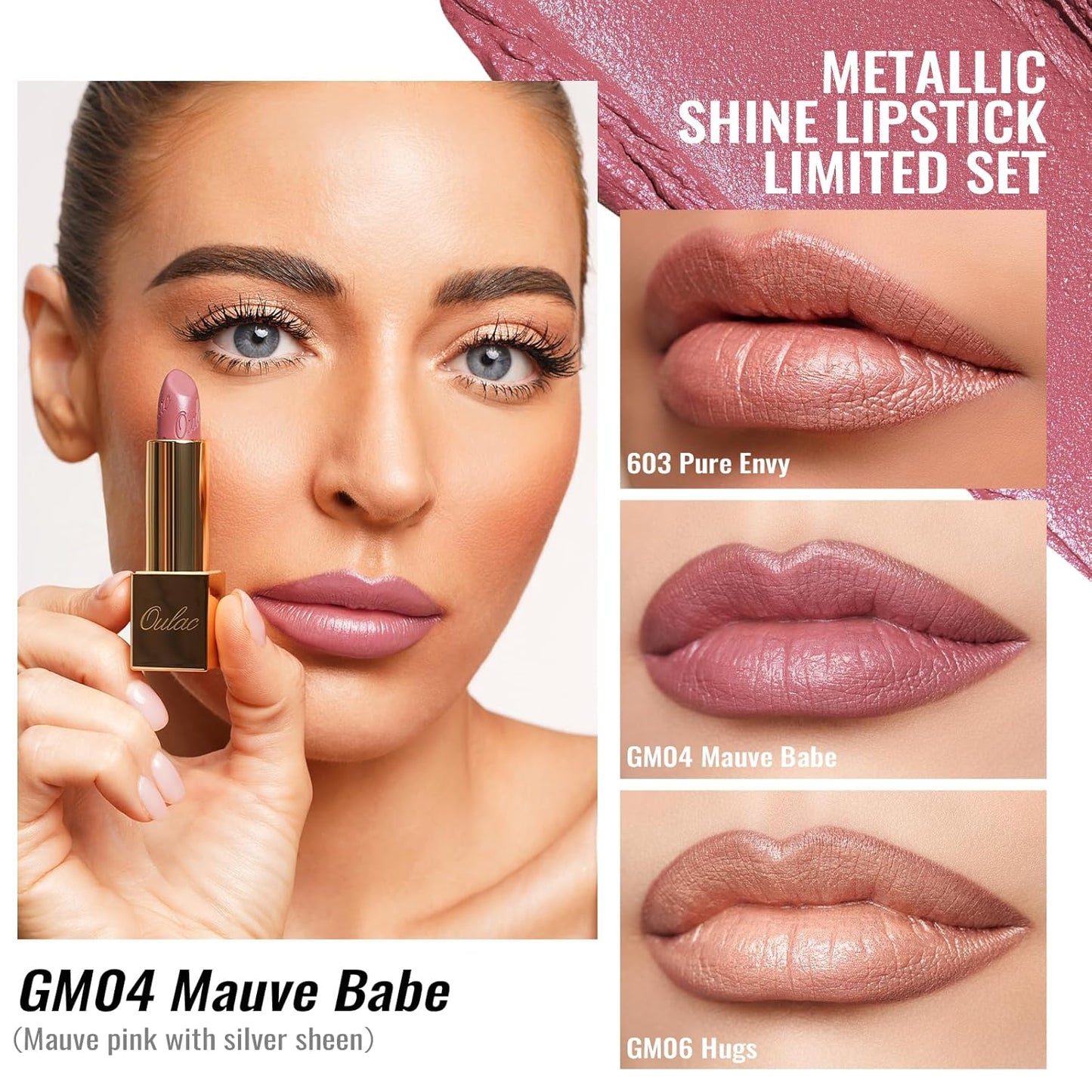 Oulac Metallic Nude Lipstick Set 3PCS, Comfortable Creamy Texture, Smooth No Grainy Feeling, Vegan & Gluten Free, Full-Coverage Lip Makeup, 3 X 4.3 g, 603+GM04+GM06