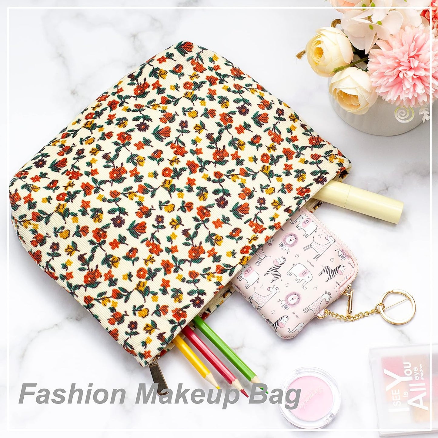 PAZIMIIK Makeup Bag Large Zipper Corduroy Make Up Pouch for Purse Travel Canvas Cosmetic Organizer for Women Brush Storage,Floral White