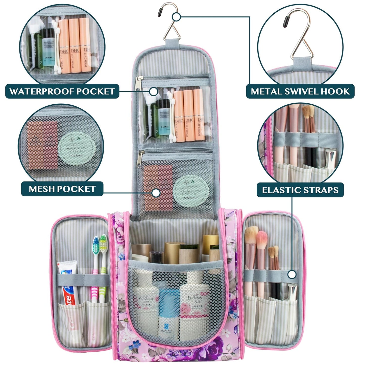 PAVILIA Toiletry Bag Travel Bag for Women Men, Hanging Cosmetic Organizer, Water Resistant Makeup Bag for Accessories Toiletries, Large Travel Essentials Kit (Floral Pink)