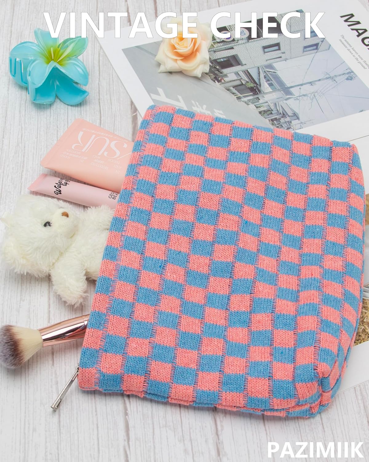 PAZIMIIK Knitted Checkered Makeup Bag Large Zipper Make Up Accessory Pouch for Purse Cosmetic Brush Bag for Travel Red Blue