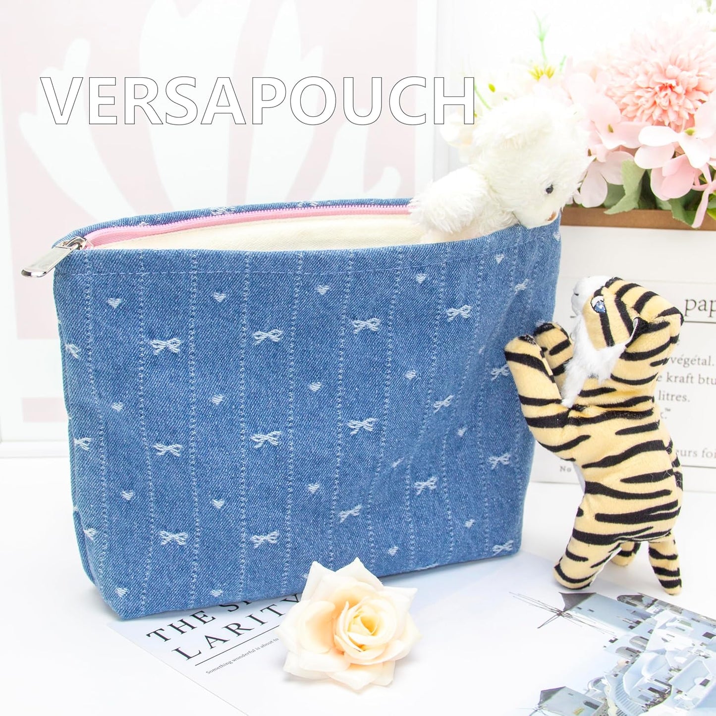 PAZIMIIK Makeup Bag Large Cotton Zipper Pouch for Purse Travel Canvas Make Up Organizer for Women Cosmetic,Jean Blue