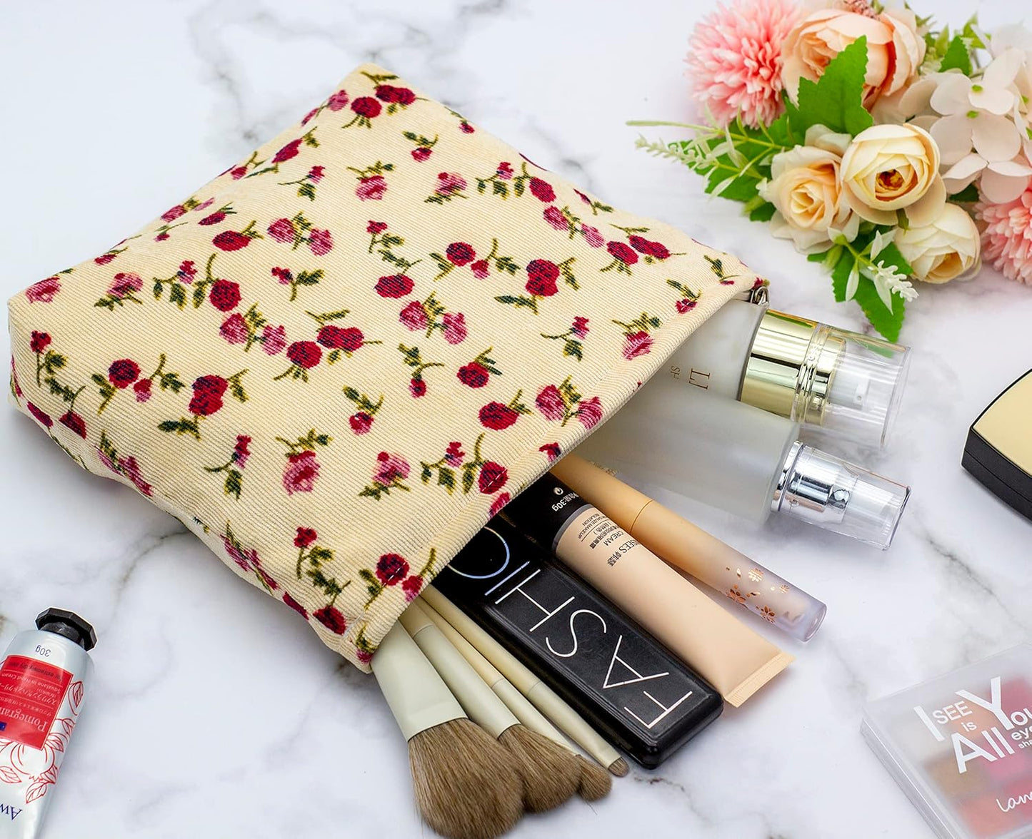 PAZIMIIK Makeup Bag Large Zipper Corduroy Make Up Pouch for Purse Travel Canvas Cosmetic Organizer for Women Brush Storage,Vintage Rose Beige