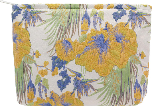 Makeup Bags for Purse Zipper Cosmetic Pouch Large Travel Canvas Make Up Organizer Tool Pouch for Women and Girls,Brocade Flower Yellow